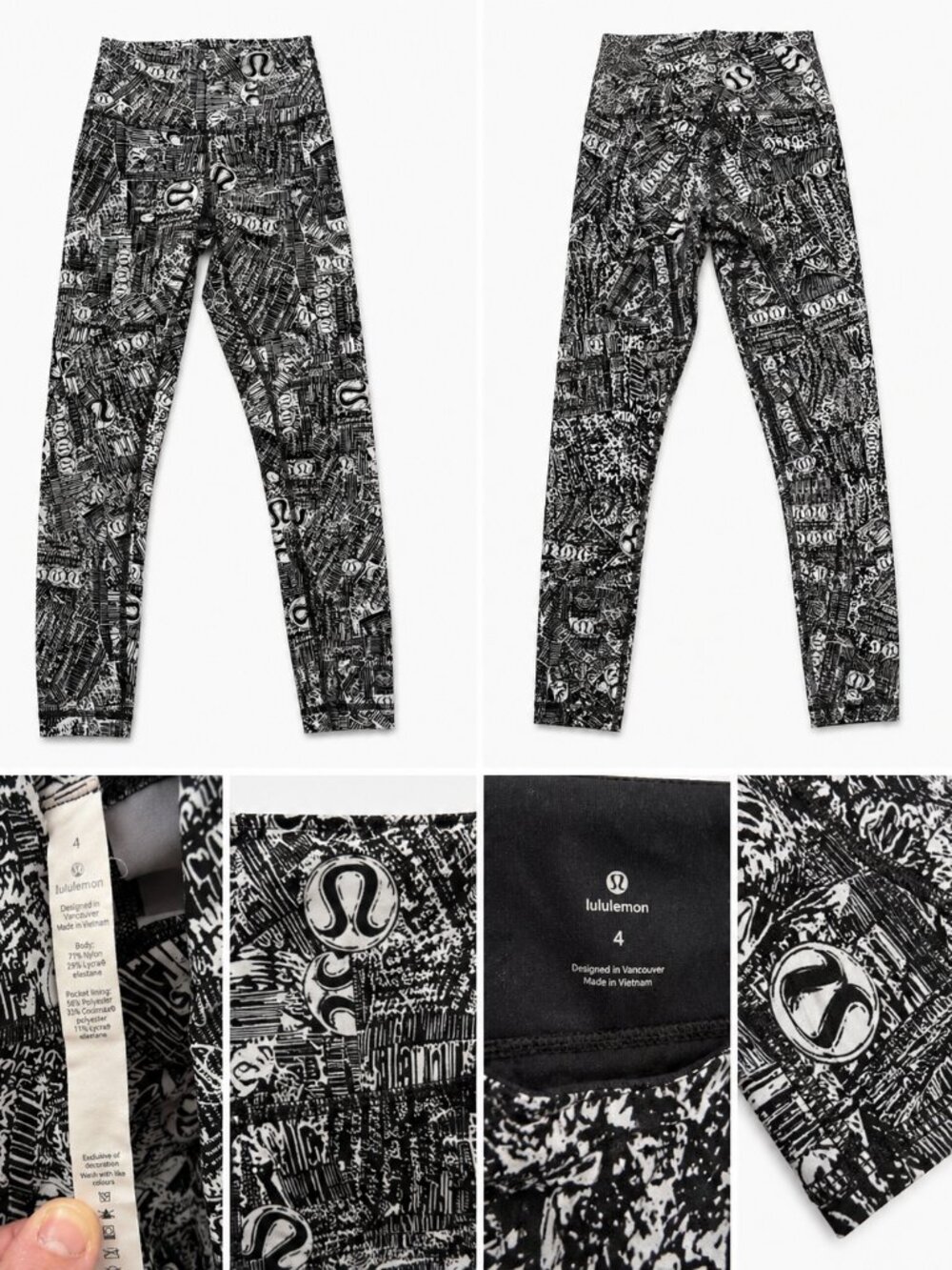 Lululemon Black White Print Leggings Size 4 High Rise Athletic Yoga Pants